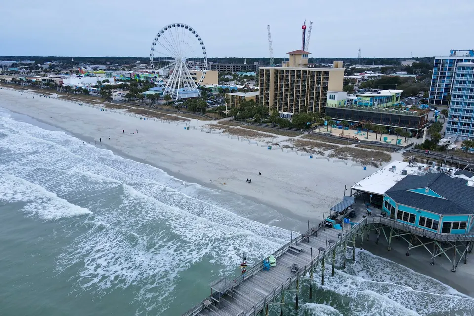 Aerial view of the Myrtle Beach oceanfront with the pier and the SkyWheel