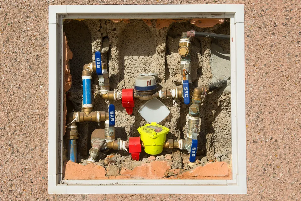 A water meter and shutoff valves inside a wall box