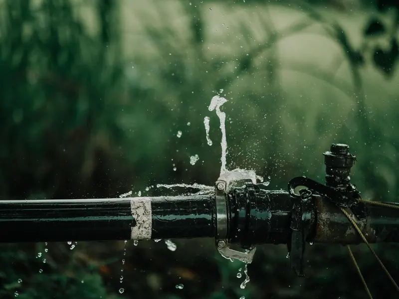 Water spraying from a break in an outdoor pipe