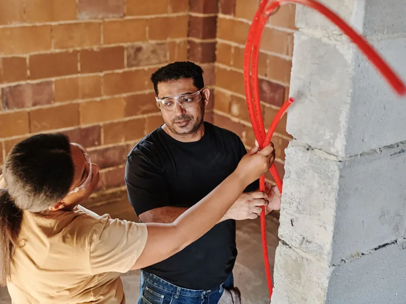 Two plumbers threading a red PEX water line through a block wall
